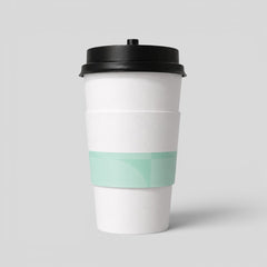 Stockka 473ml double-walled white paper coffee cup with black lid and mint green sleeve