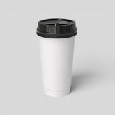 Stockka white paper coffee cup with black lid, ideal for takeaway hot drinks like coffee or tea.