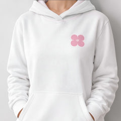 Stockka white cotton blend hoodie with pink trim and flower logo. Soft, lightweight, and comfortable for everyday wear or training.