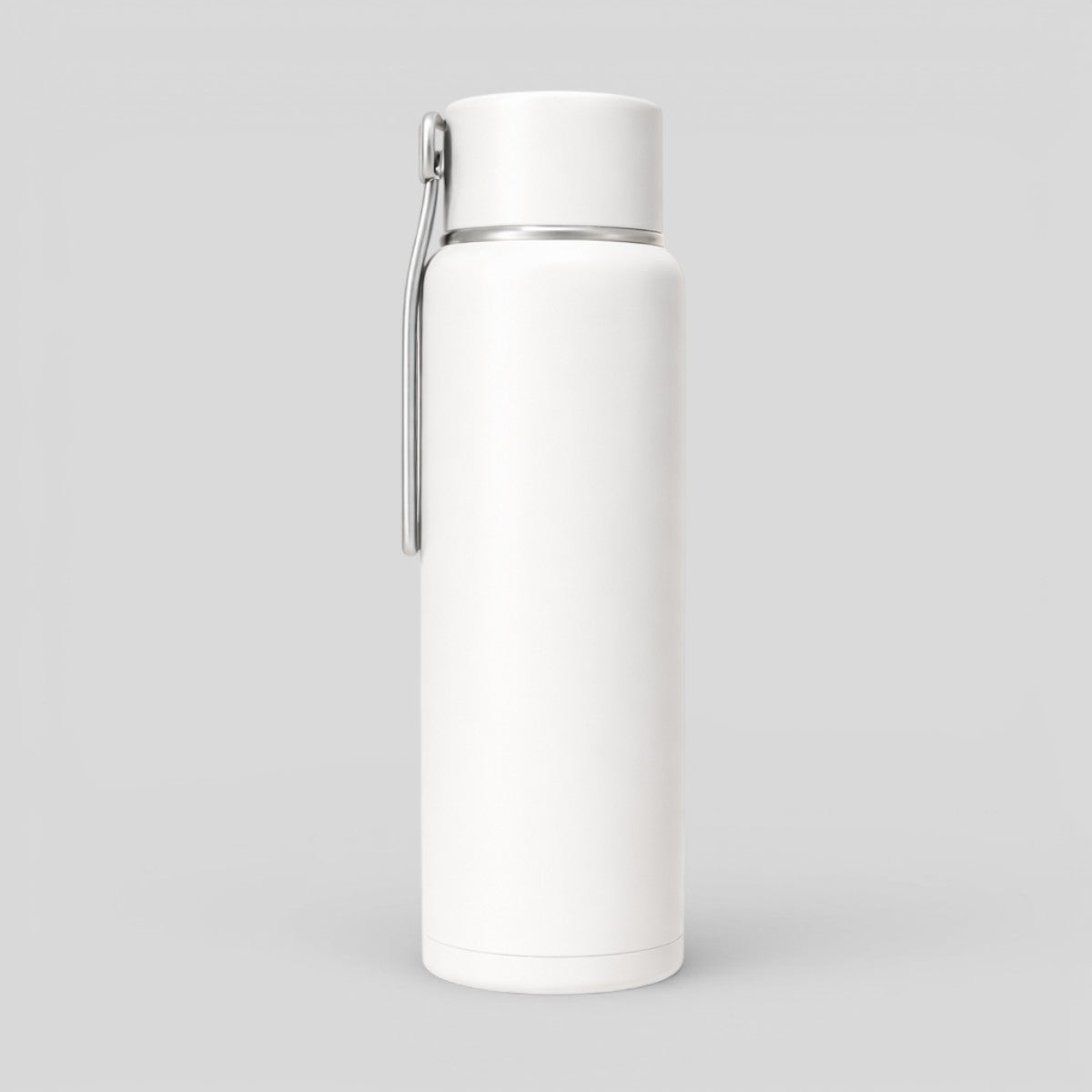 Stockka white BPA-free plastic water bottle with screw-top lid and metal hanging handle, ideal for travel and sports.