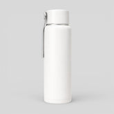 Stockka white BPA-free plastic water bottle with screw-top lid and metal hanging handle, ideal for travel and sports.