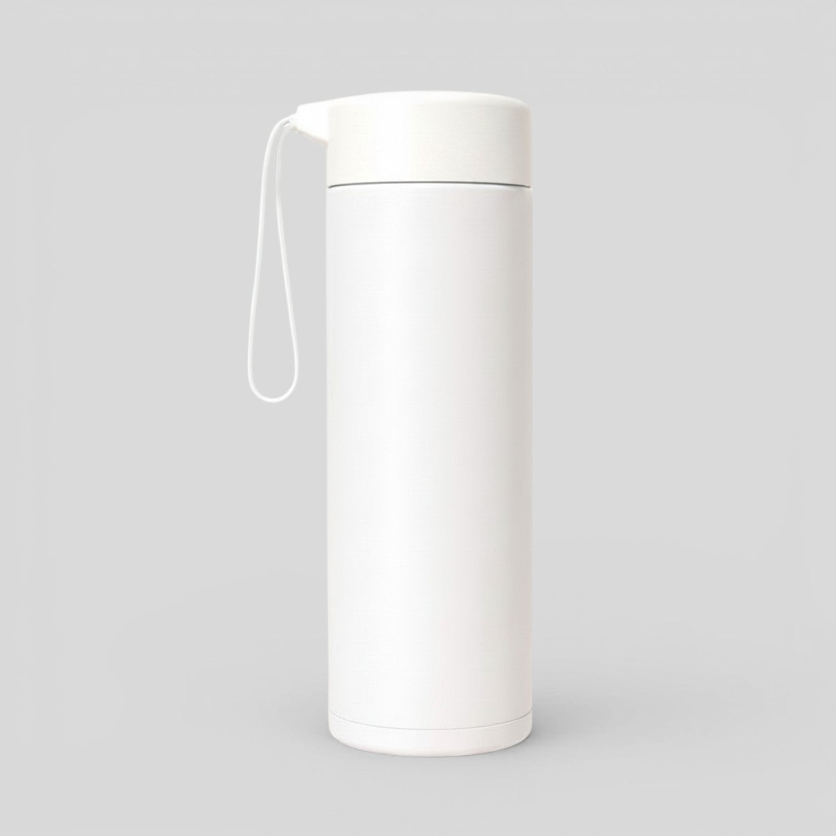 Stockka white BPA-free plastic water bottle with light blue carrying strap and screw-on lid.