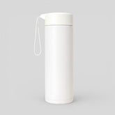 Stockka white BPA-free plastic water bottle with light blue carrying strap and screw-on lid.