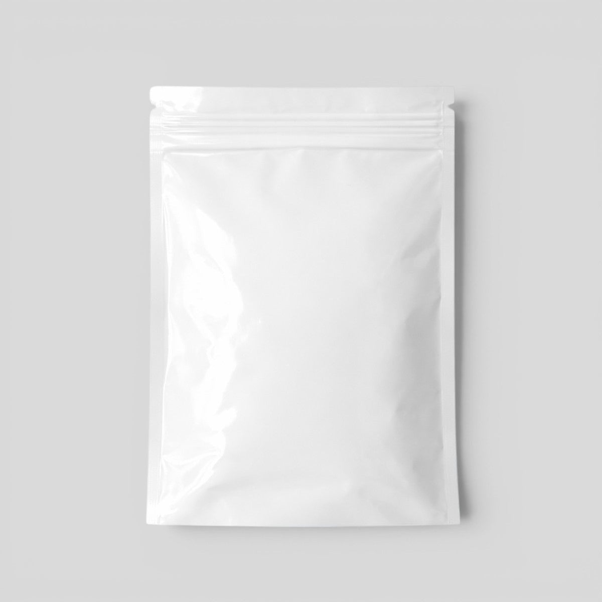 Stockka white flat plastic stand-up pouch with resealable zipper closure, ideal for food and retail products.
