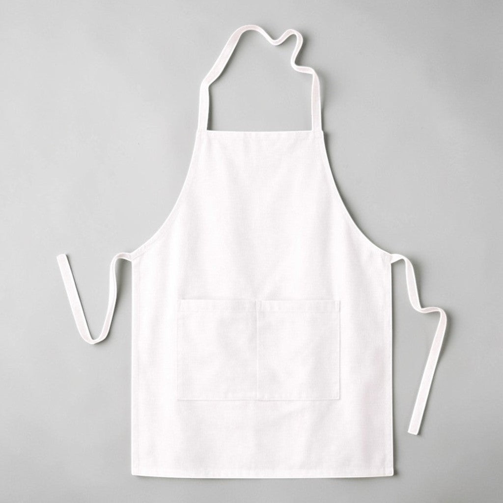 Stockka classic white full-length apron with two front pockets and adjustable neck strap. Made from durable poly-cotton blend.