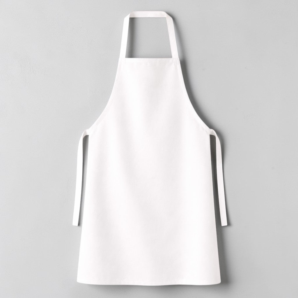 Stockka minimalist full-length white polyester-cotton blend apron with adjustable neck strap and long waist ties.