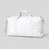 Stockka white polyester duffel bag with top handles and adjustable shoulder strap, perfect for travel and sports.