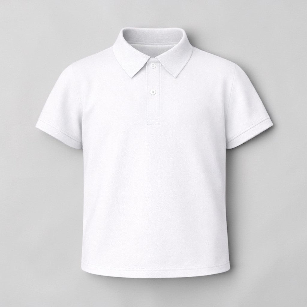 Stockka white polyester kids polo shirt with moisture-wicking fabric for comfort and dryness.