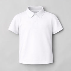 Stockka white polyester kids polo shirt with moisture-wicking fabric for comfort and dryness.