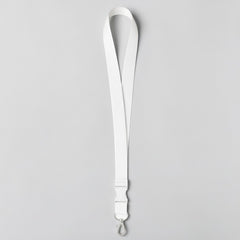 Stockka white polyester flat ID lanyard with plastic breakaway buckle and metal clip. Features subtle blue stripes.