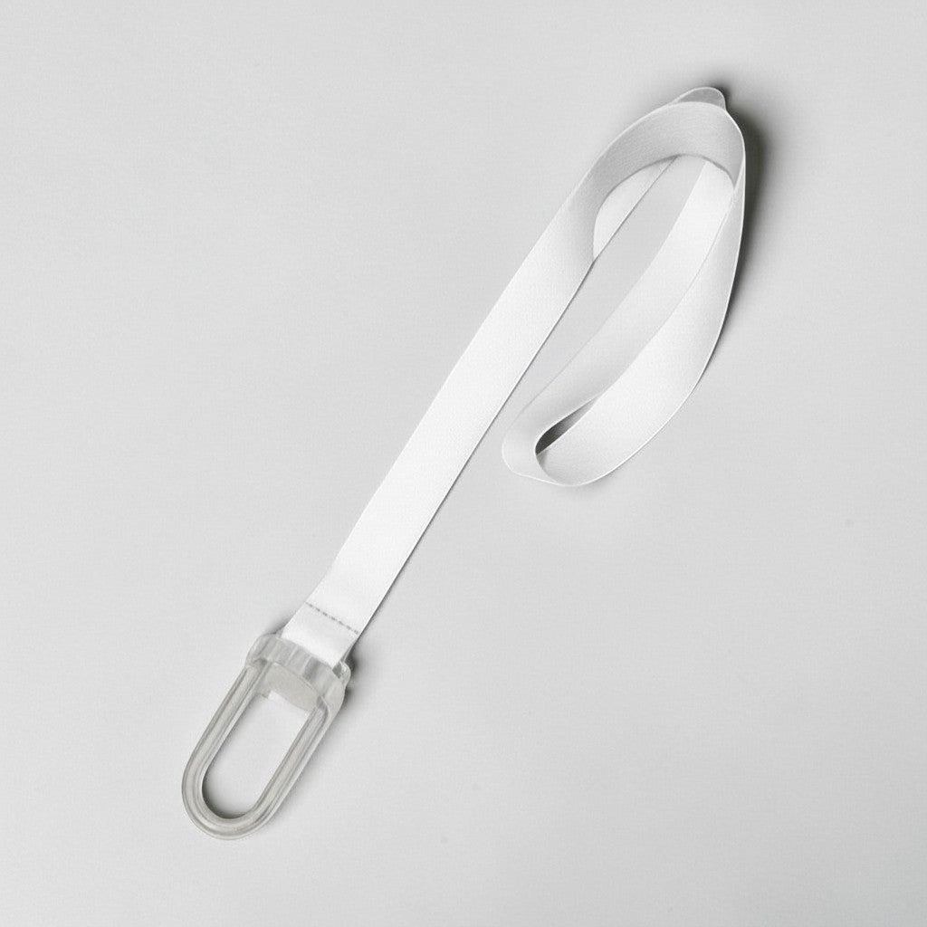 Stockka white polyester lanyard with clear swivel hook and repeating teal logo pattern. Ideal for ID badges and keys.