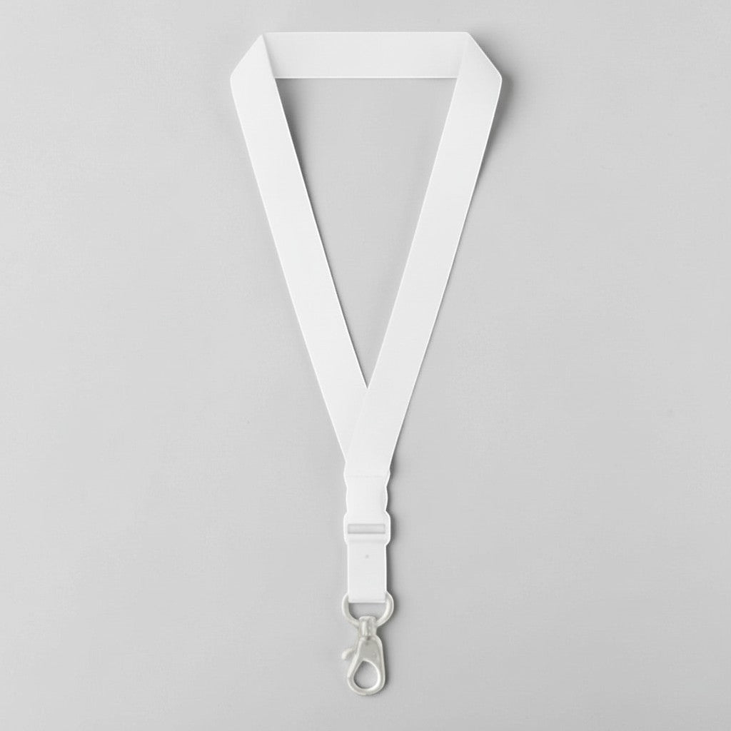 Stockka white polyester lanyard with gold and black stripes, quick-release buckle, and metal clasp. Ideal for VIP guests or branded teams.