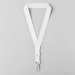 Stockka white polyester lanyard with gold and black stripes, quick-release buckle, and metal clasp. Ideal for VIP guests or branded teams.