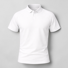 Stockka white polyester short sleeve raglan polo shirt with button collar, ideal for sports or team wear.