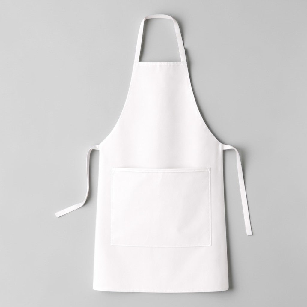 Stockka white full-length professional apron with large pocket and adjustable neck strap, made of poly-cotton blend.