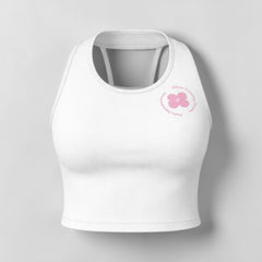 Stockka white ribbed cotton-spandex crop top with racerback and pink floral logo, perfect for sports or casual wear.