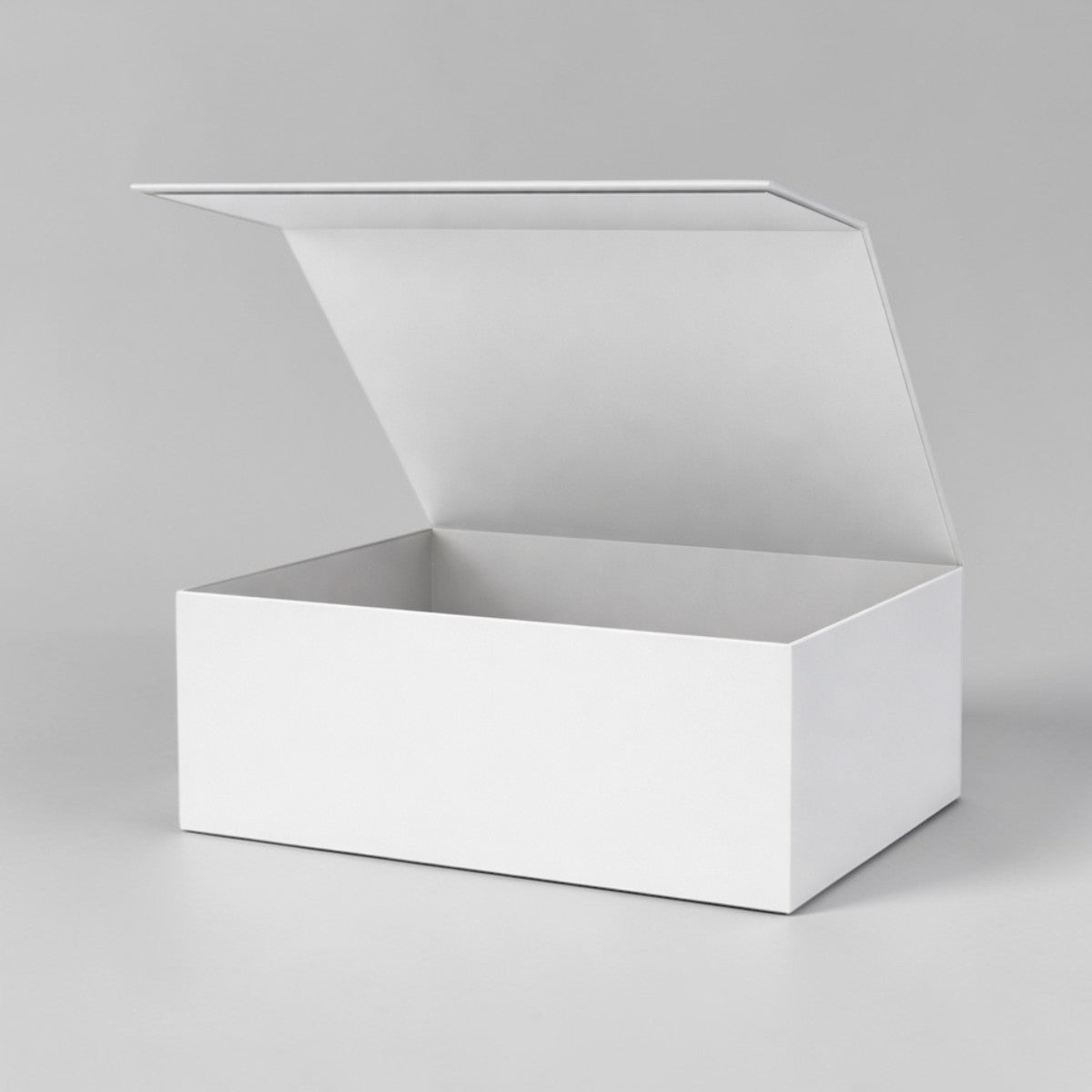 Stockka minimalist white rigid cardboard gift box with attached lid, ideal for luxury items and corporate gifts.