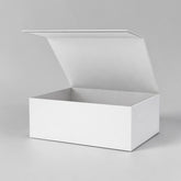 Stockka minimalist white rigid cardboard gift box with attached lid, ideal for luxury items and corporate gifts.