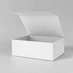 Stockka minimalist white rigid cardboard gift box with attached lid, ideal for luxury items and corporate gifts.