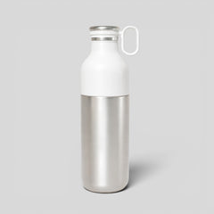 Stockka white and silver metal water bottle with side handle, ideal for sports and daily use.