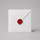 Stockka white square envelope with classic four-wing closure, sealed with a red wax stamp. Made from quality white wood-free paper.
