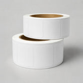 Stockka white square labels with rounded corners on a roll, ideal for product labeling, packaging, and shipping.