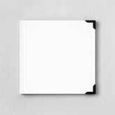 Stockka white square hardcover notebook with 80 lined pages and black corner protectors. Customizable design.
