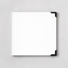 Stockka white square hardcover notebook with 80 lined pages and black corner protectors. Customizable design.