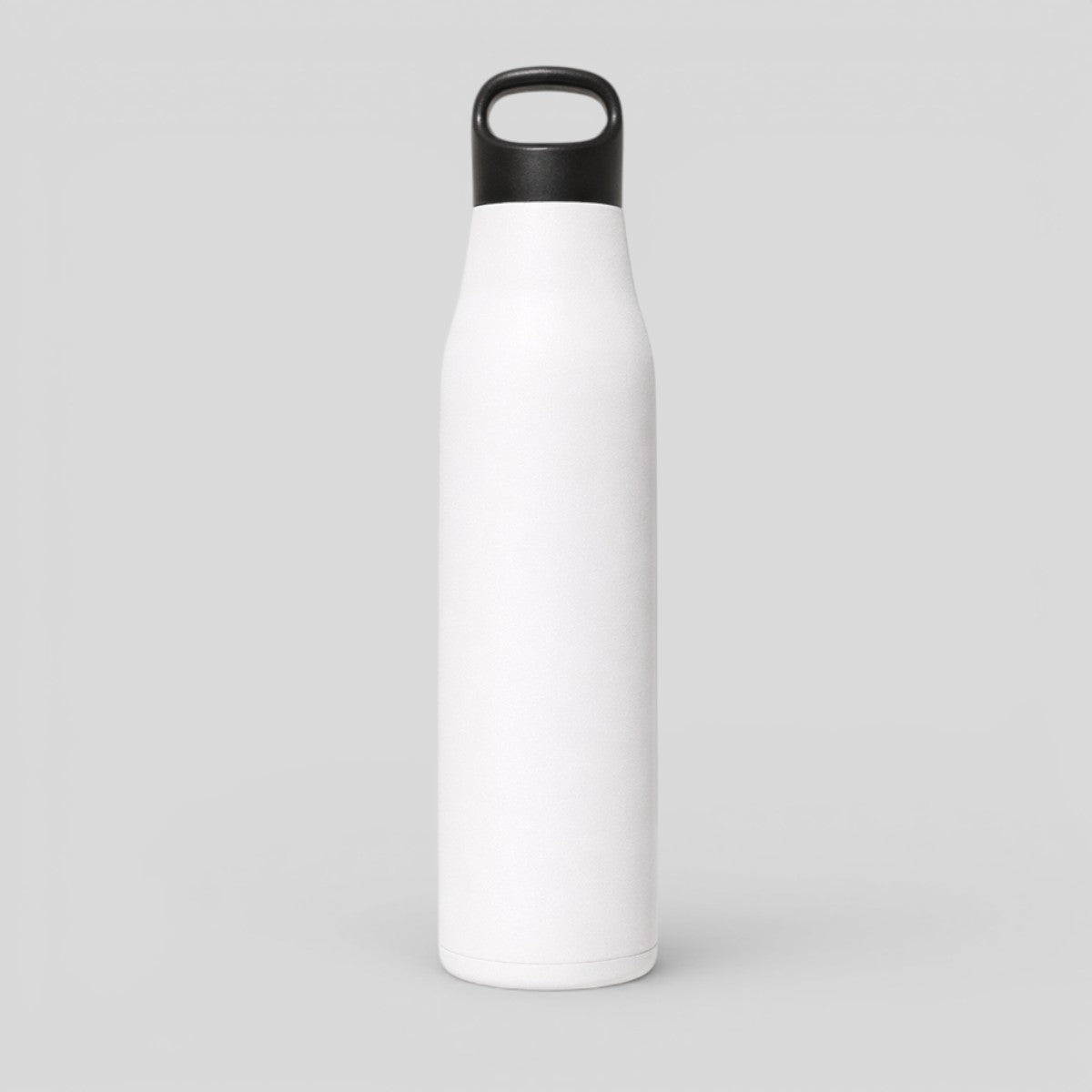 Stockka white stainless steel sport bottle with black top handle and narrow spout, ideal for exercise and travel.