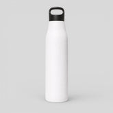 Stockka white stainless steel sport bottle with black top handle and narrow spout, ideal for exercise and travel.