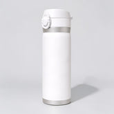 Stockka white stainless steel thermal bottle with spring-loaded lid and safety lock. Double-walled insulation for drinks.