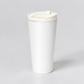 Stockka white stainless steel travel mug with light blue lid, double-walled for insulation.