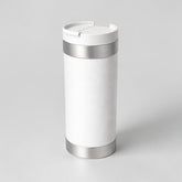 Stockka white stainless steel travel mug with rotating lid and silver accents, 16 oz capacity, double-walled for insulation.