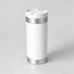 Stockka white stainless steel travel mug with rotating lid and silver accents, 16 oz capacity, double-walled for insulation.