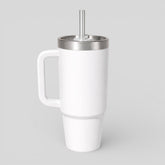 Stockka white stainless steel thermal tumbler with handle and metal straw. Tall, narrow design keeps drinks hot or cold.