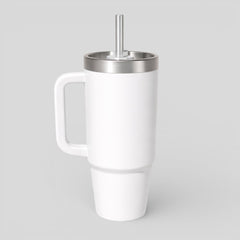 Stockka white stainless steel thermal tumbler with handle and metal straw. Tall, narrow design keeps drinks hot or cold.