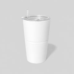 Stockka white double-walled stainless steel tumbler with clear lid and metal straw, 20oz capacity.
