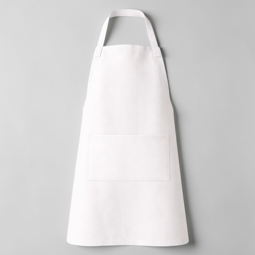 Stockka white full-length apron with vertical stripes, adjustable neck strap, and large front pocket. Cotton-polyester blend.