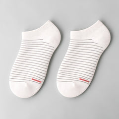 Stockka white cotton blend ankle socks with thin grey stripes and a red accent detail.