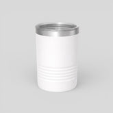 Stockka white stainless steel thermal tumbler with lid and grooved base, cylindrical design for wine or cold drinks.