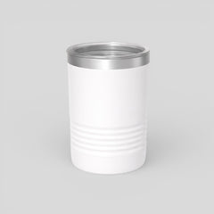 Stockka white stainless steel thermal tumbler with lid and grooved base, cylindrical design for wine or cold drinks.