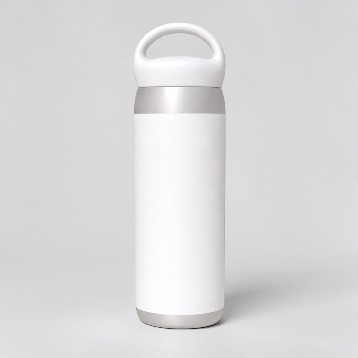 Stockka white stainless steel double-walled thermal water bottle with integrated top handle and customizable exterior.