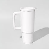 Stockka white stainless steel double-walled travel mug with handle and lid. Ideal for office, car, or home.
