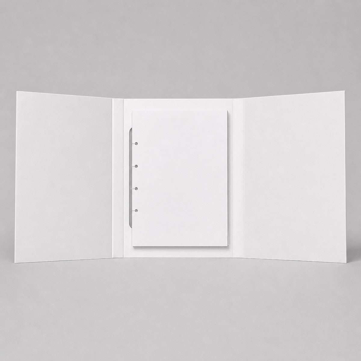Stockka white rigid tri-fold study binder with ring mechanism and document storage, made of corrugated cardboard.