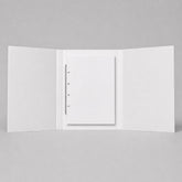 Stockka white rigid tri-fold study binder with ring mechanism and document storage, made of corrugated cardboard.
