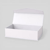 Stockka premium white rigid cardboard gift box with hinged lid and triangular top, ideal for jewelry and luxury gifts.