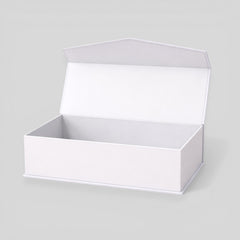 Stockka premium white rigid cardboard gift box with hinged lid and triangular top, ideal for jewelry and luxury gifts.