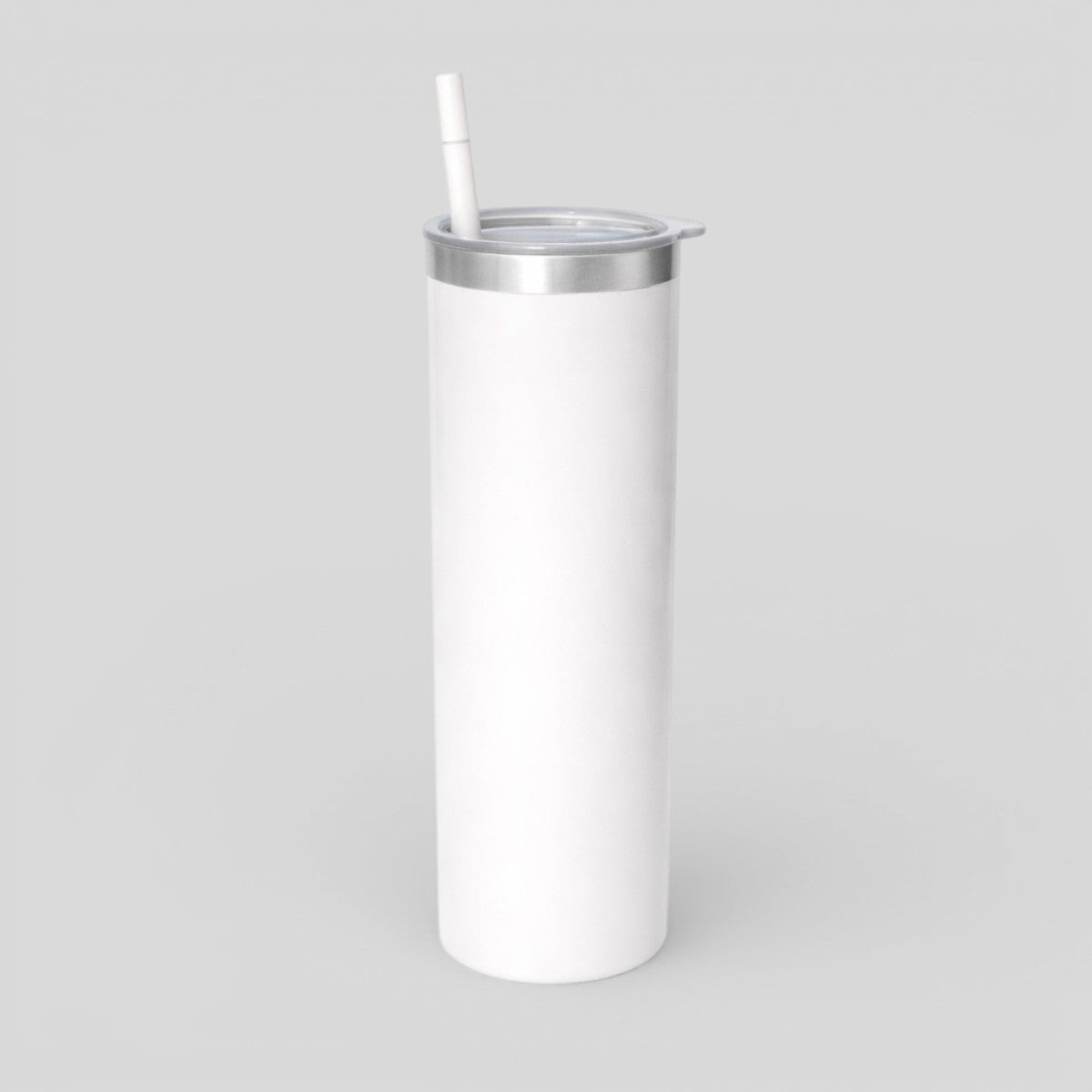 Stockka white stainless steel tall tumbler with clear lid and reusable straw, perfect for smoothies or iced coffee.