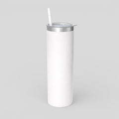 Stockka white stainless steel tall tumbler with clear lid and reusable straw, perfect for smoothies or iced coffee.