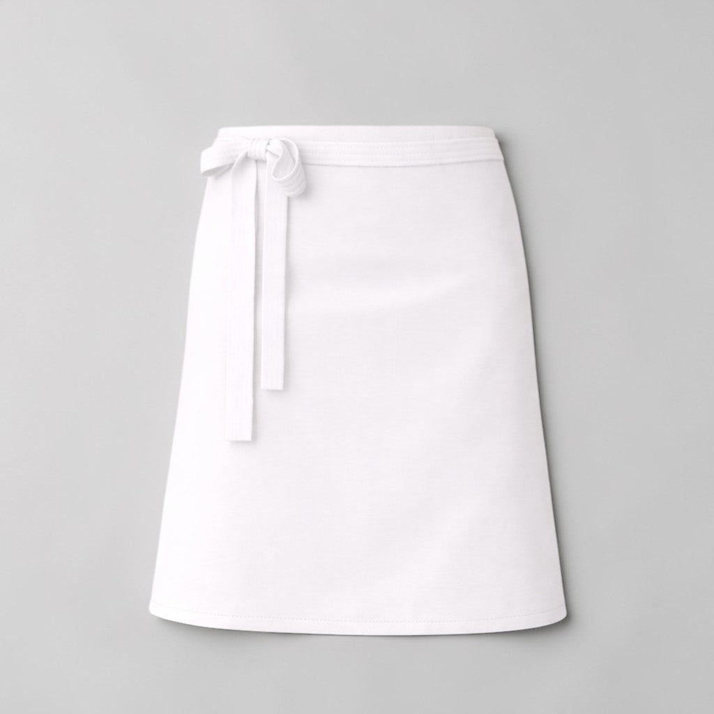 Stockka classic white waist apron with tie closure, cotton-polyester blend, ideal for cafes and restaurants.